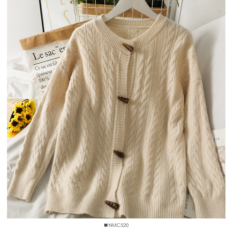 Sweater women's solid color ox horn button round neck sweater  1825