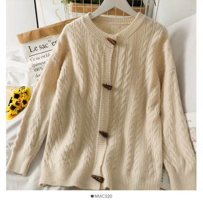 Sweater women's solid color ox horn button round neck sweater  1825