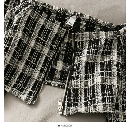 Short open navel bubble long sleeve top Plaid high waist skirt  2518