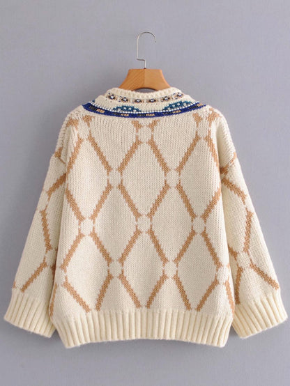 Embroidered pattern V-neck thickened ethnic style sweater loose-fitting sweater for women  1368