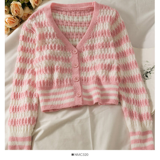Korean stripe loose and thin short single breasted cardigan sweater  1883