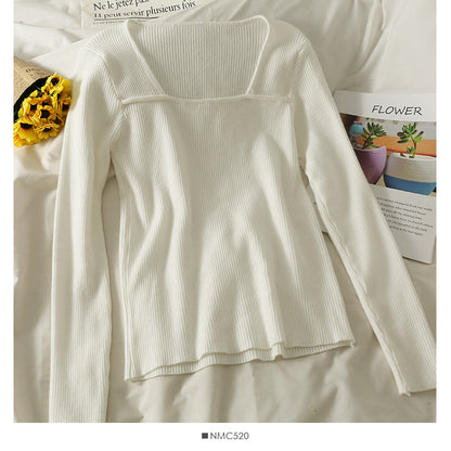 Solid color versatile low collar collarbone exposed long sleeve bottomed top  1813