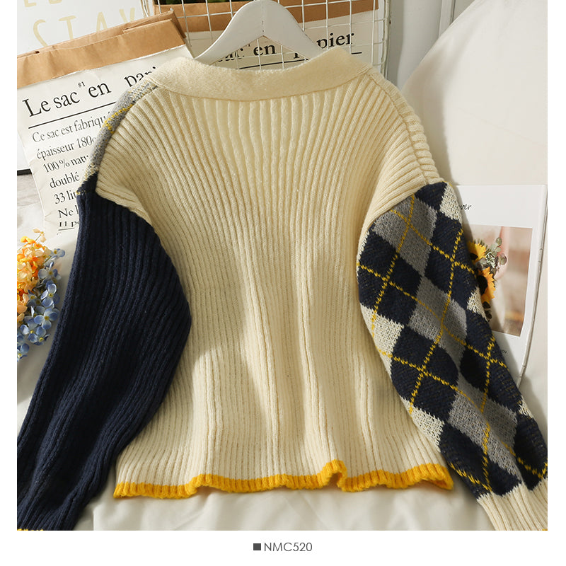 Contrast stitched diamond check single breasted low neck T-shirt  1840