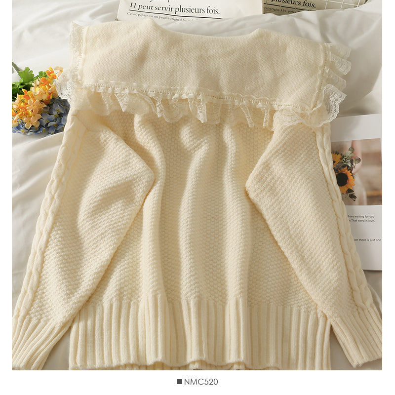 Sweet wind lace stitched wooden ear edge baby collar sweater  1900