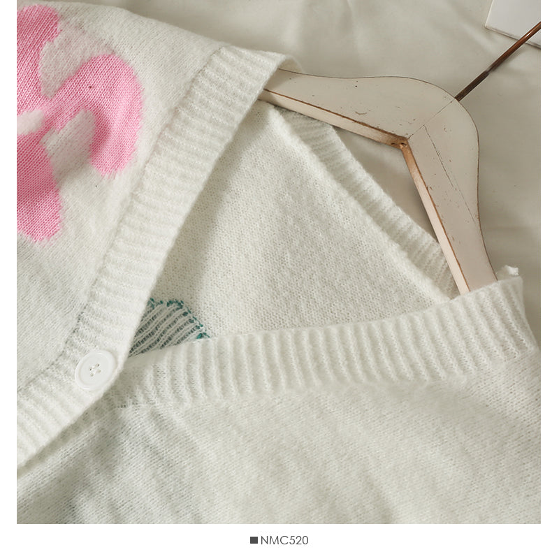 Slim low neck single breasted printed sweater women's new long sleeve versatile cardigan sweater  2082