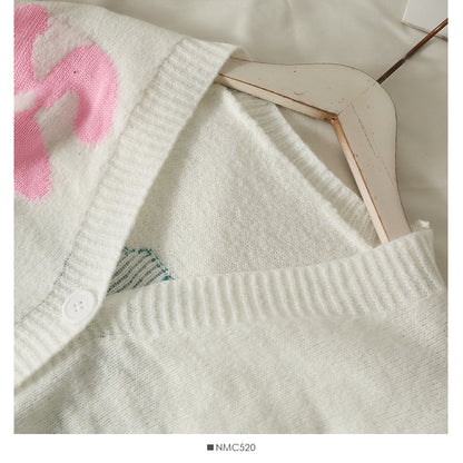 Slim low neck single breasted printed sweater women's new long sleeve versatile cardigan sweater  2082