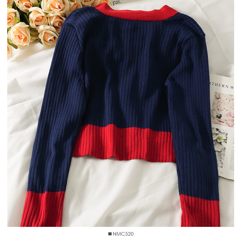 Han Fan contrast color stitched one button long sleeve sweater for women  1949