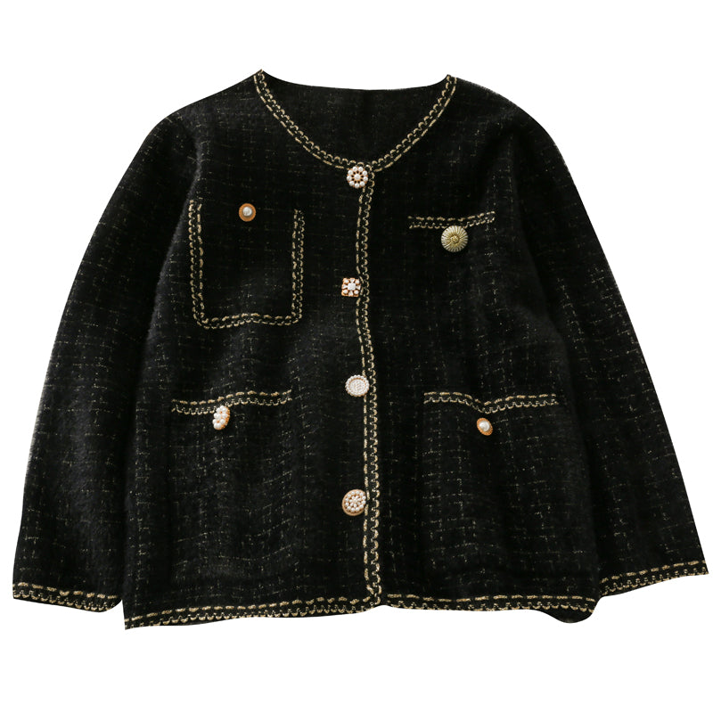 Bright silk Plaid round neck single breasted long sleeved sweater coat  1708