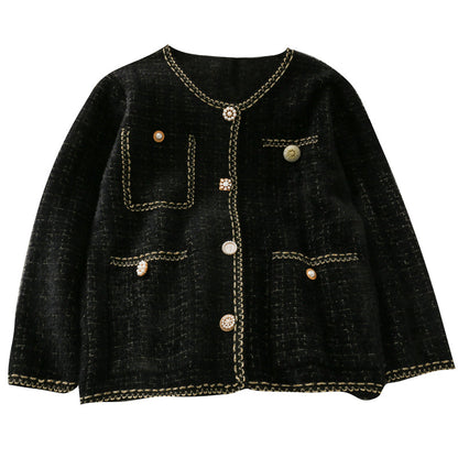 Bright silk Plaid round neck single breasted long sleeved sweater coat  1708