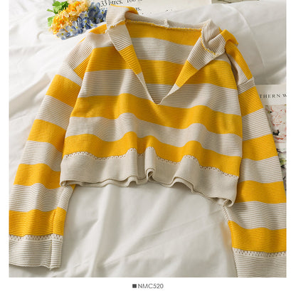 Hooded sweater women's autumn stripe versatile long sleeve Pullover Sweater  1989