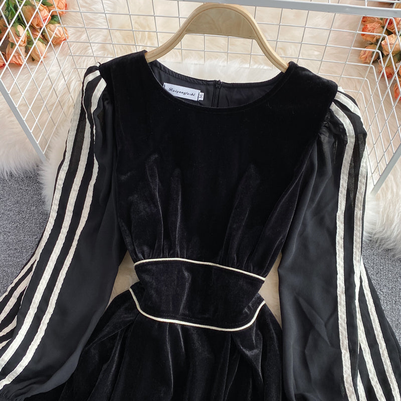 Quality waist stripe long sleeve fake two piece velvet dress  3229