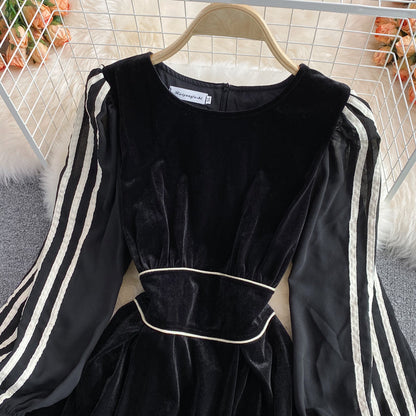 Quality waist stripe long sleeve fake two piece velvet dress  3229
