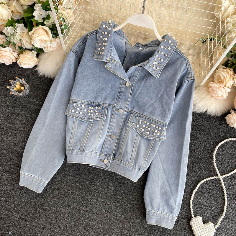 Denim coat women's heavy industry Beaded coat  1535
