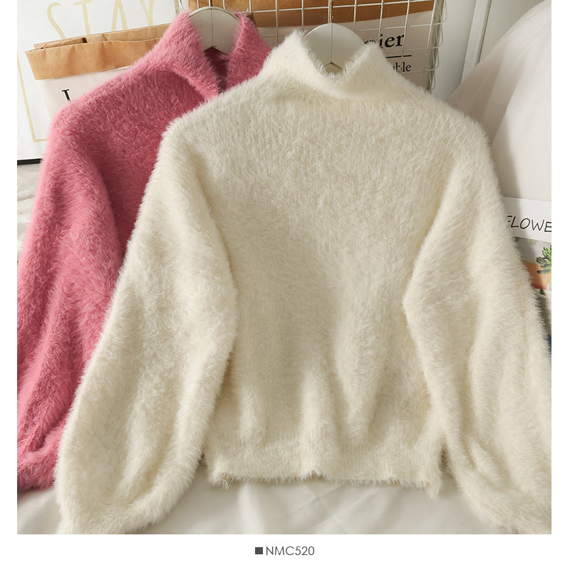 Sweater female Plush high neck slim fit solid color versatile long sleeve top  1764
