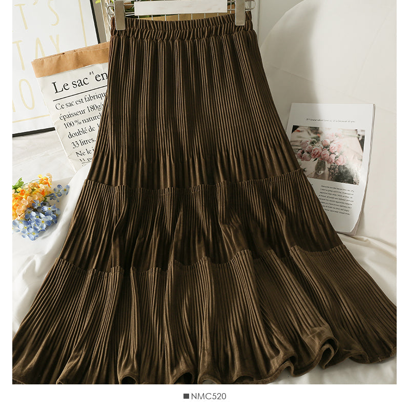 Retro loose slim stitching medium length organ pleated A-line skirt  2571