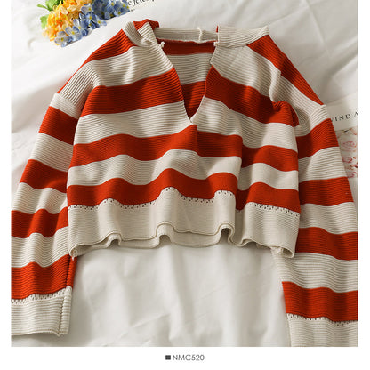 Hooded sweater women's autumn stripe versatile long sleeve Pullover Sweater  1989