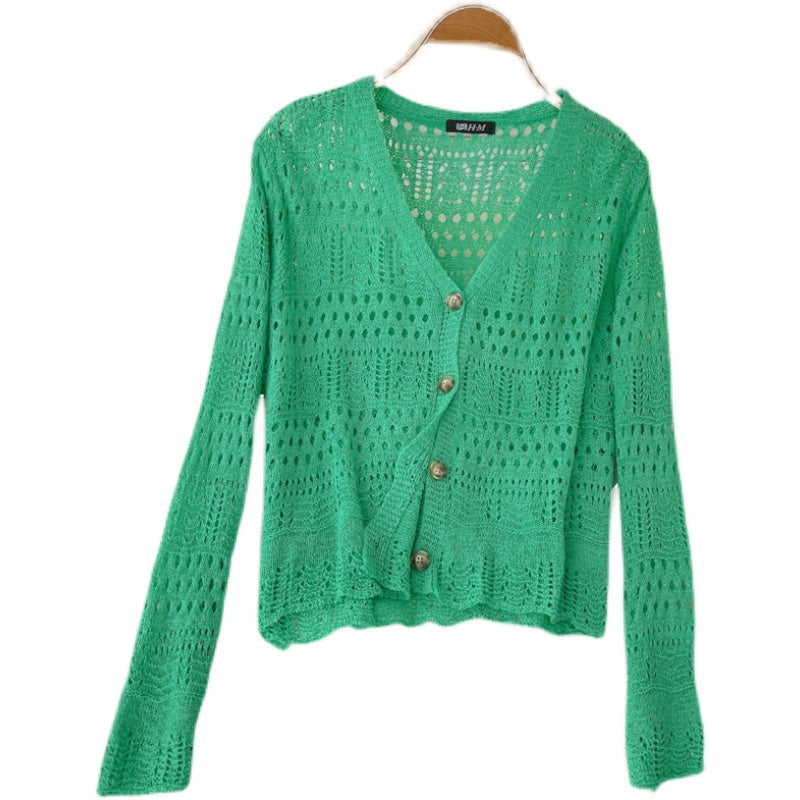 Knitted cardigan Vintage Crochet cut-out sunscreen long sleeve  1586