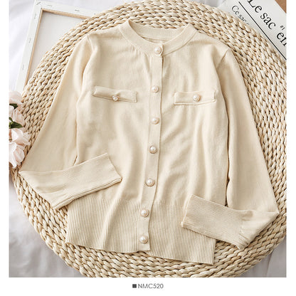 Round neck single row pearl button cardigan sweater coat  1865