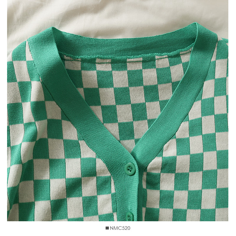 Plaid short single breasted long sleeved cardigan  1855