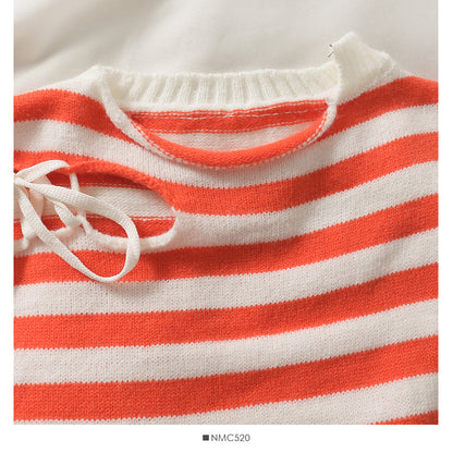 Bow tie tie stripe loose thin curled crew neck top  1941