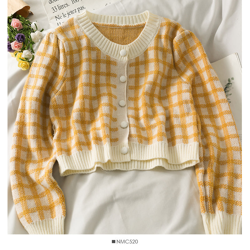 Korean retro color block check short loose knit women's shirt  1815