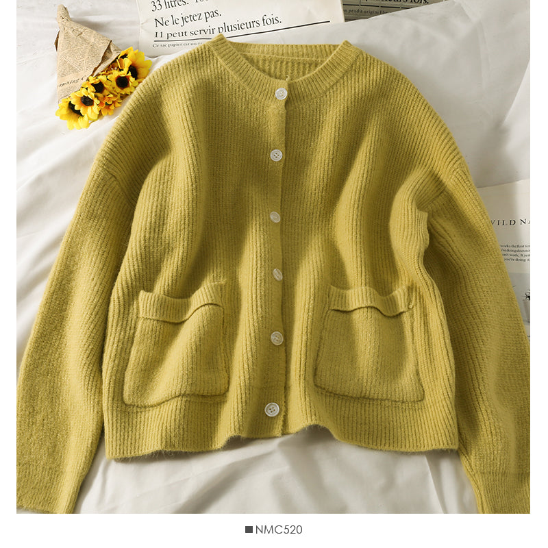 Large pocket round neck long sleeve cardigan sweater loose and thin breasted sweater  1978