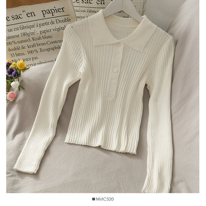 Korean solid color versatile breasted Lapel tight knit women's shirt  1842