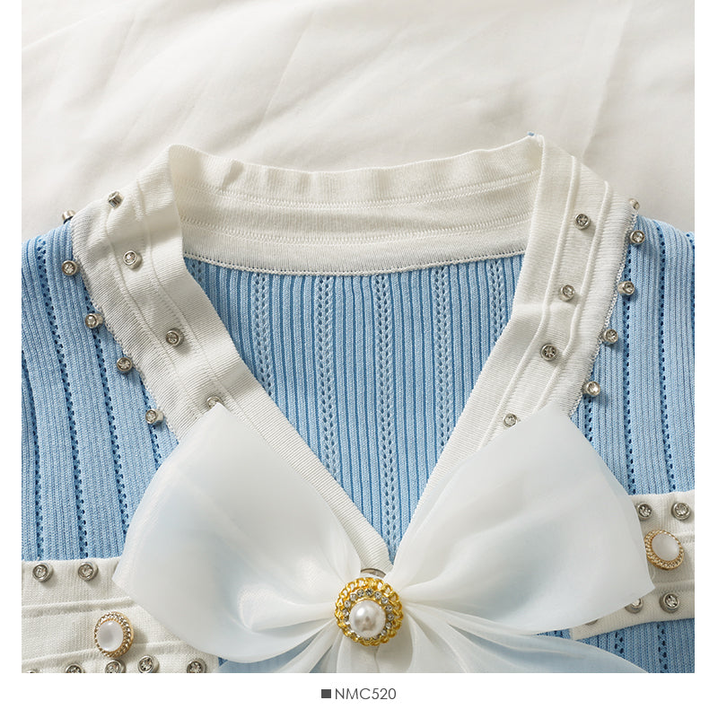 Diamond bow trim low neck long sleeve knit  1746
