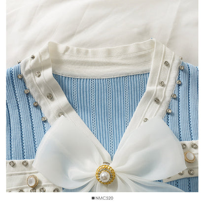 Diamond bow trim low neck long sleeve knit  1746