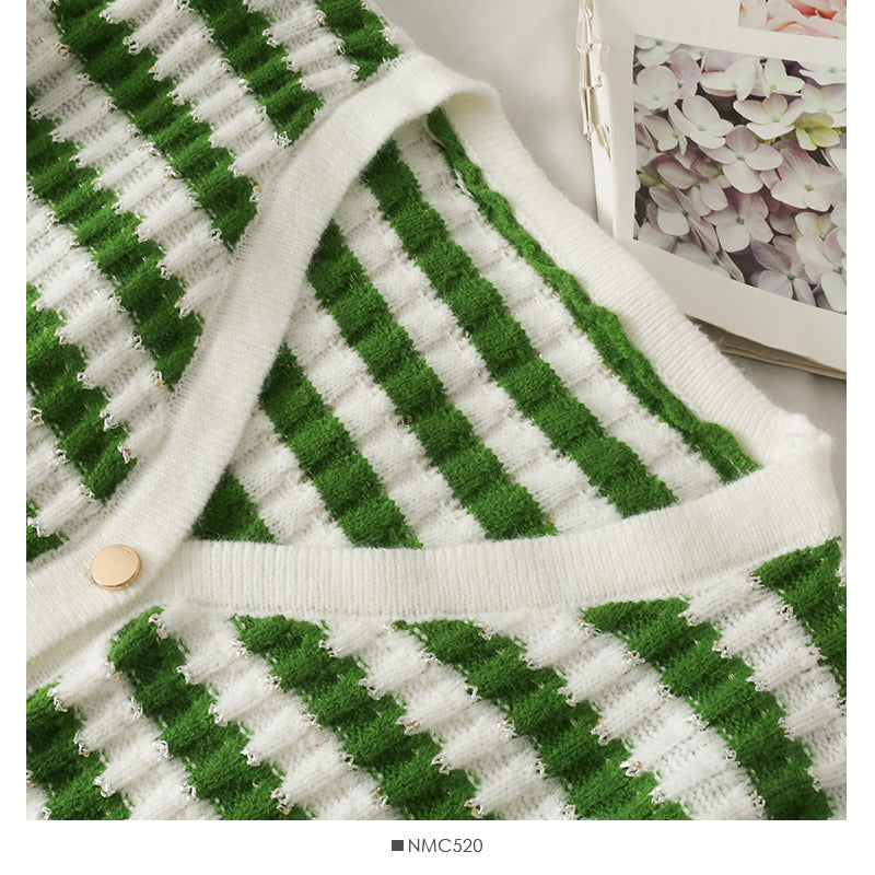 Striped loose thin single breasted cardigan long sleeved sweater  1850