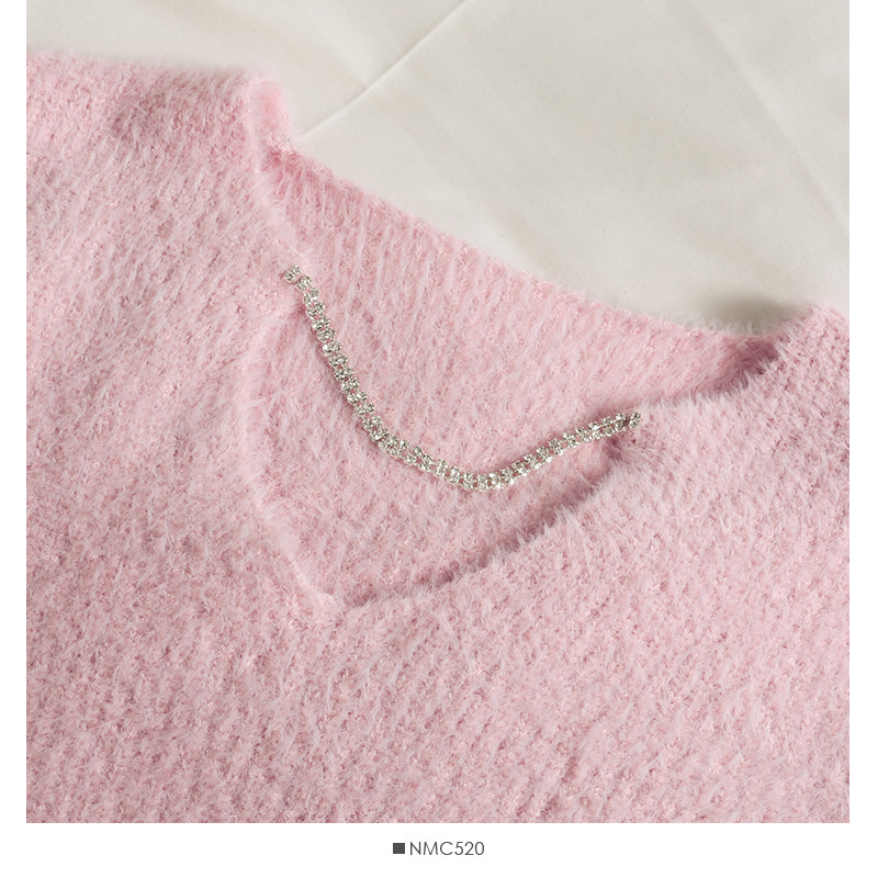 Sweater women's autumn diamond chain decorative V-Neck Sweater  1866