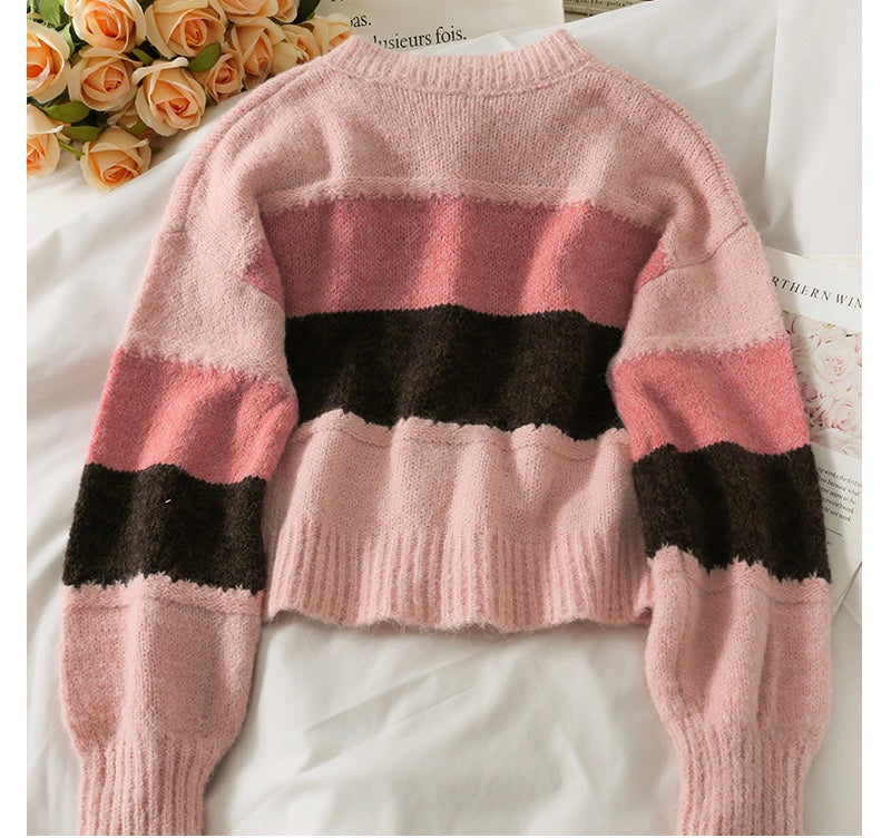 Short long sleeve single breasted knit, cardigan patchwork color sweater  1447