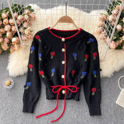 Knit cardigan, vintage, embroider flower, loose long sleeve sweater, short paragraph spaghetti strap top, sweet two sets 1339