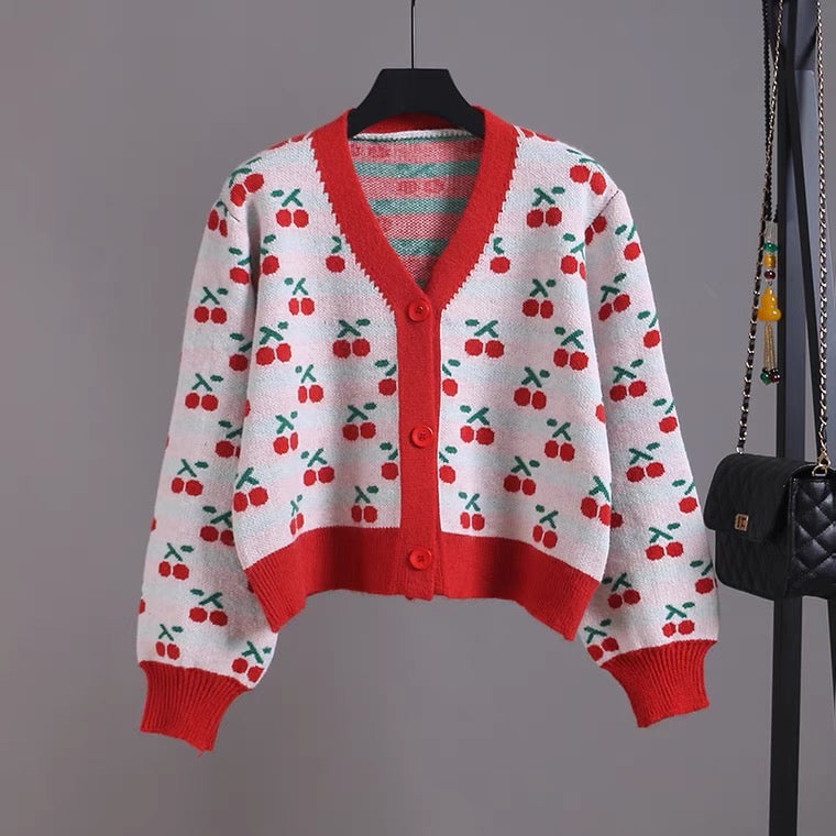 V-neck short knit jacket, cherry jacquard cardigan  1405