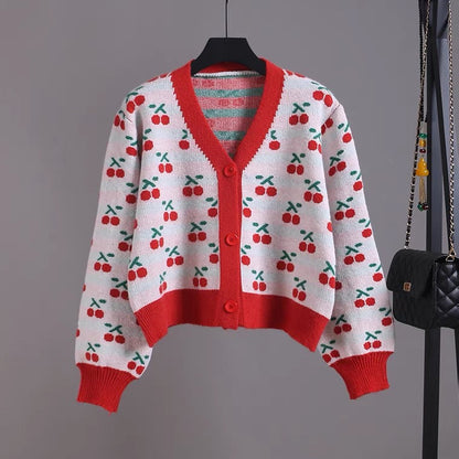 V-neck short knit jacket, cherry jacquard cardigan  1405