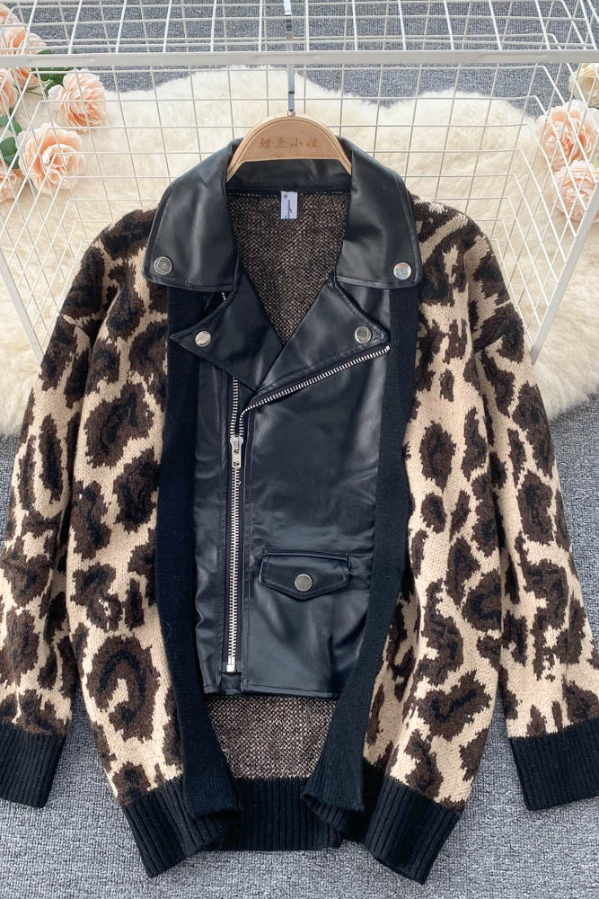 Korean leopard sweater stitched short lapel  1570