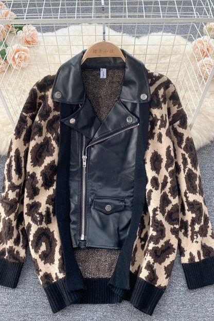 Korean leopard sweater stitched short lapel  1570