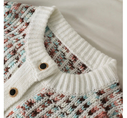 Loose crew-neck knit, striped single-breasted cardigan long-sleeved top  1445