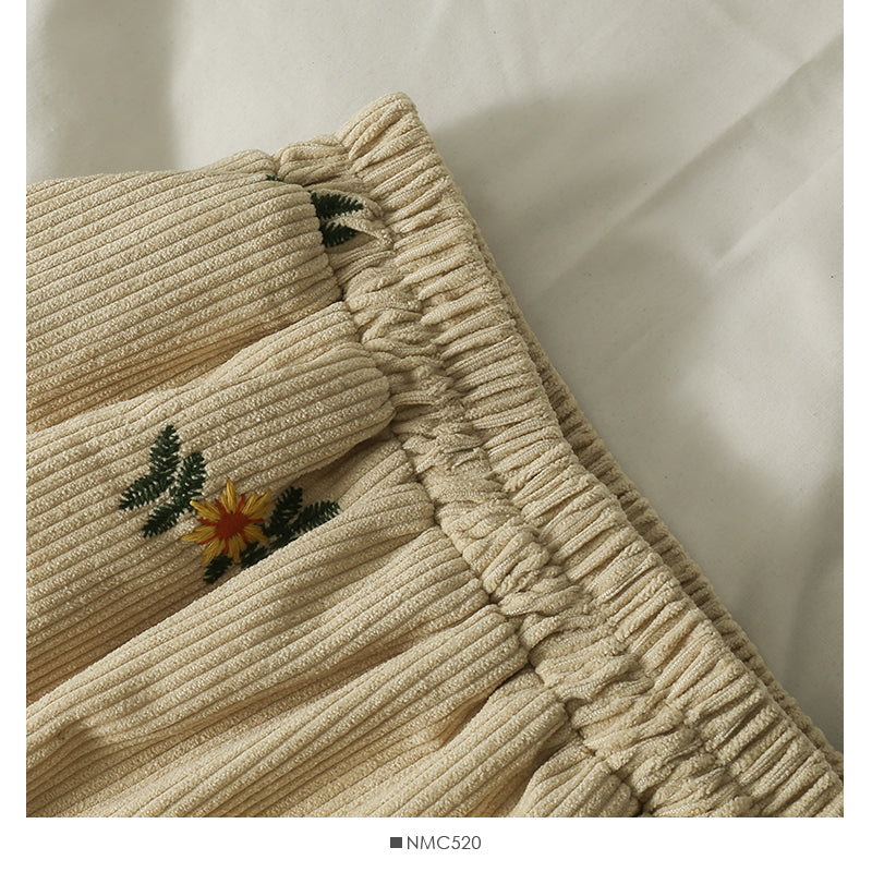 Retro embroidered elastic waist thin medium length A-line skirt  2516