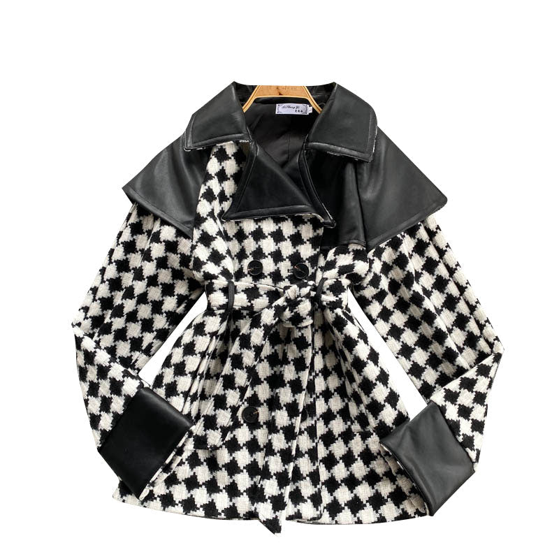 Diamond stitching contrast coat women's waist lace up design feeling high waist and thin  1487