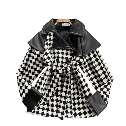 Diamond stitching contrast coat women's waist lace up design feeling high waist and thin  1487