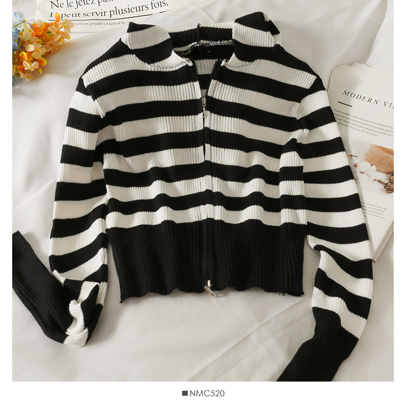 Striped slim Hooded Sweater Zip Cardigan long sleeve  1766