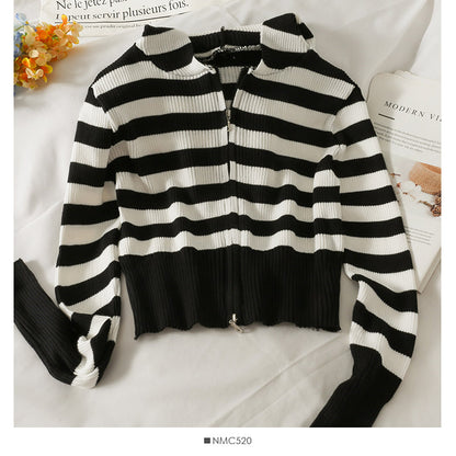 Striped slim Hooded Sweater Zip Cardigan long sleeve  1766