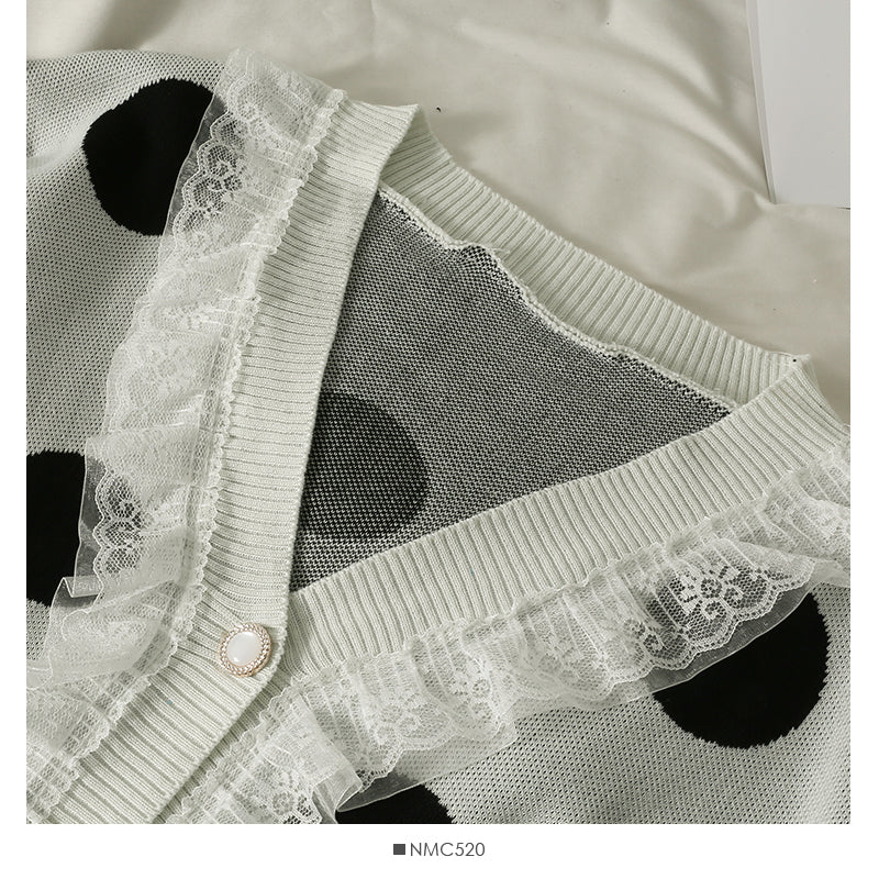 Mesh stitched large wave point low neck two button sweater female  1905