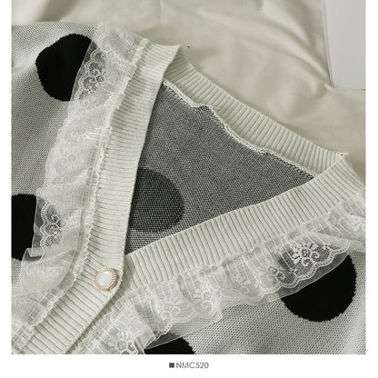 Mesh stitched large wave point low neck two button sweater female  1905