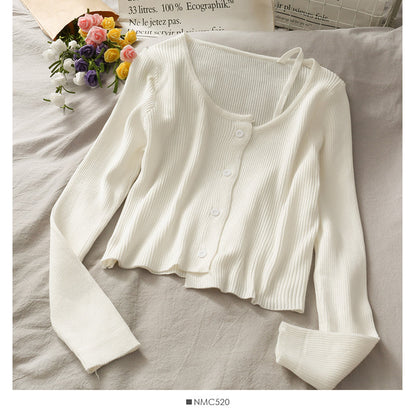 New candy color round neck exposed collarbone suspender sweater for women  1908