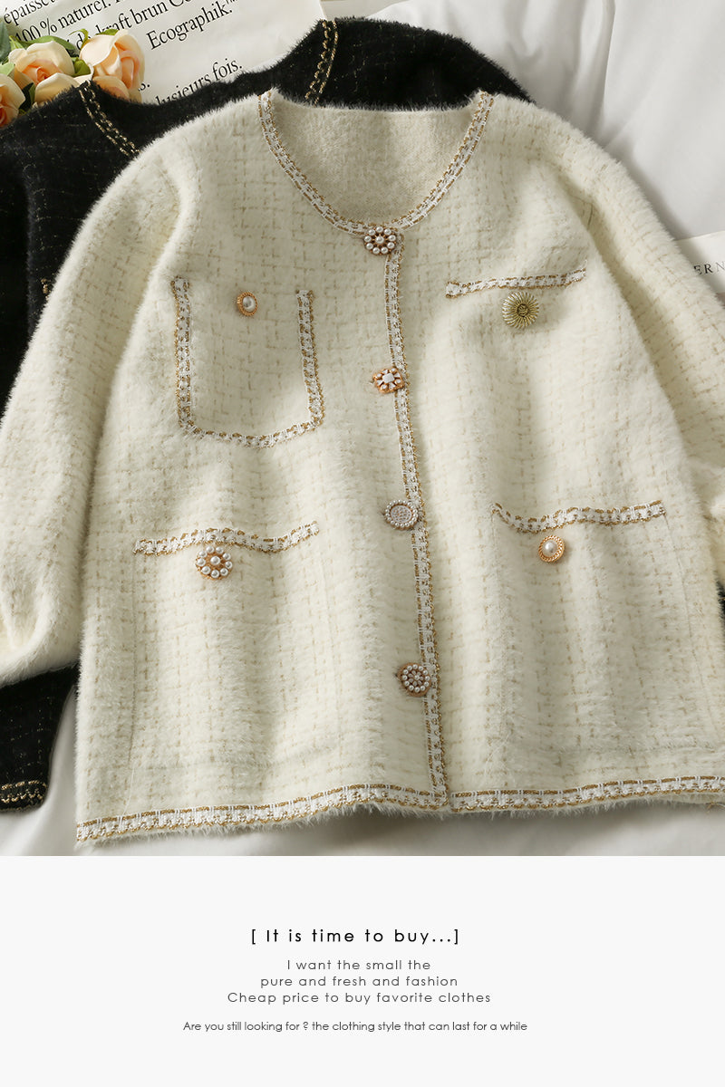 Bright silk Plaid round neck single breasted long sleeved sweater coat  1708