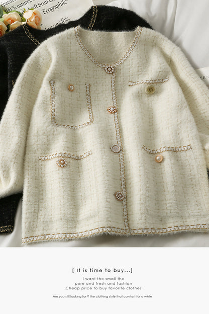 Bright silk Plaid round neck single breasted long sleeved sweater coat  1708