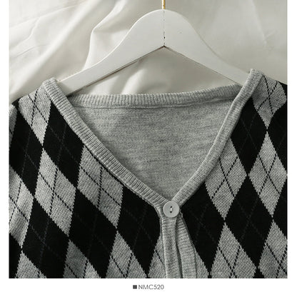 Hong Kong Style Vintage diamond check single breasted cardigan short sweater  1957