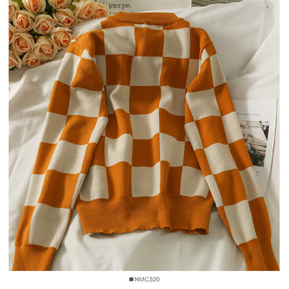 Color contrast check Crew Neck Long Sleeve loose sweater women's new single breasted cardigan sweater  1967